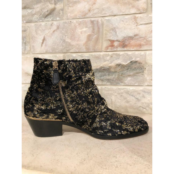 Chloe Suzanna Black Gold Velvet Coupe Studded Short Zipper Ankle Heel Bootie 37 - Picture 9 of 12
